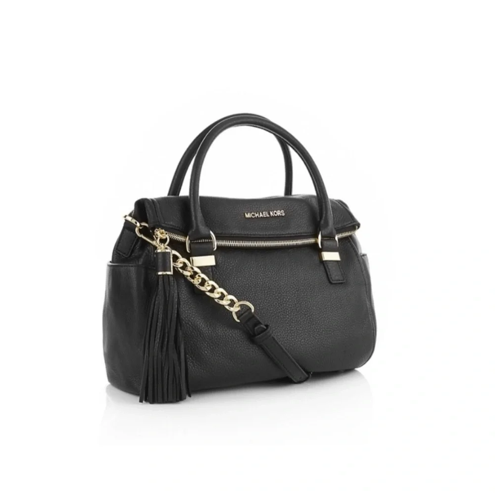Michael Kors Weston Fold-Over Satchel Black Pebbled Leather Crossbody Bag
